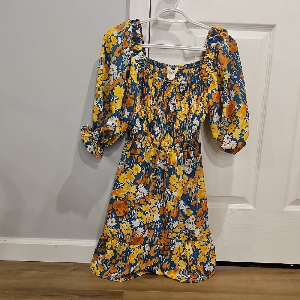 Jessica Simpson Blue and Yellow Floral Smocked Mini Dress